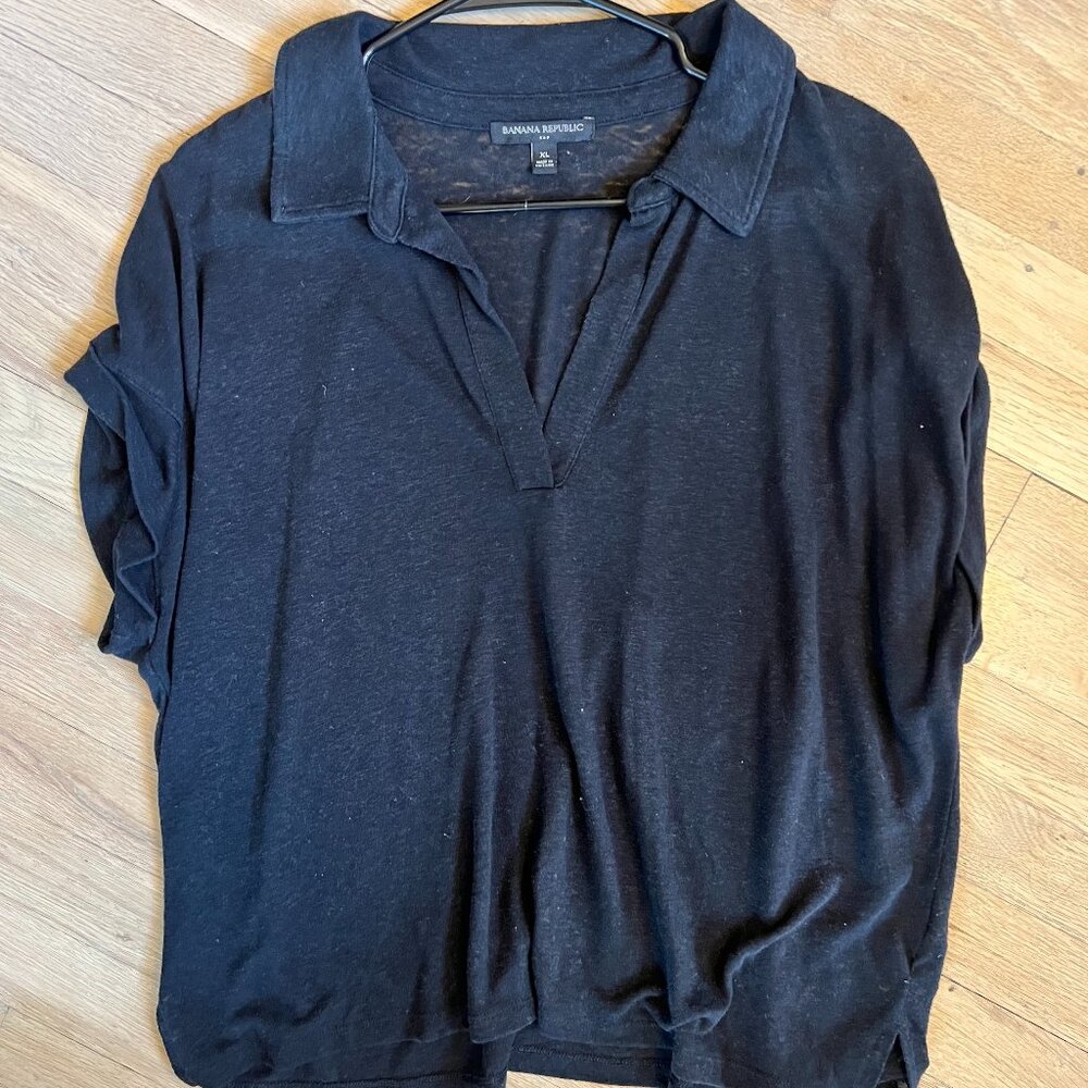 Banana Republic Linen short Sleeve V Neck Black Shirt Womens XL